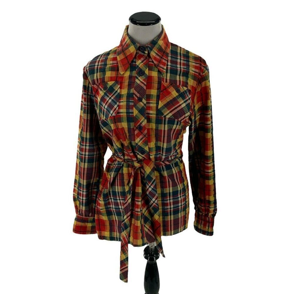 Lady Manhattan Vintage Top Women's Size XL Multicolor Button Down Belted Pockets